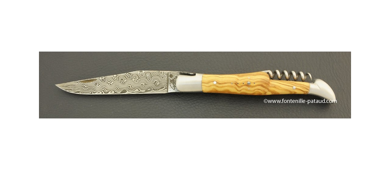 Couteau Laguiole Traditionnel 12 cm Damas avec Tire-Bouchon Olivier