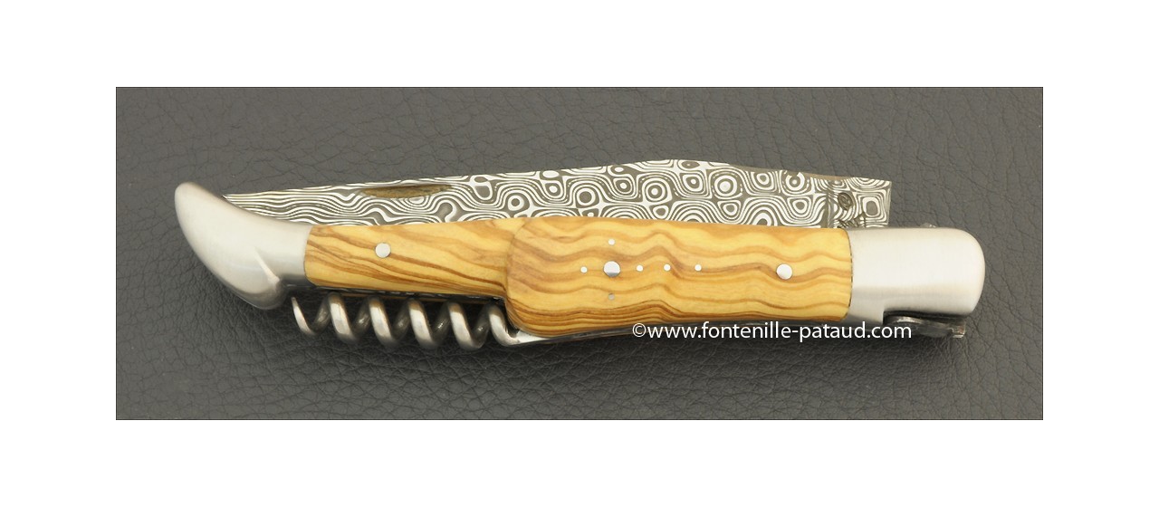 Couteau Laguiole Traditionnel 12 cm Damas avec Tire-Bouchon Olivier