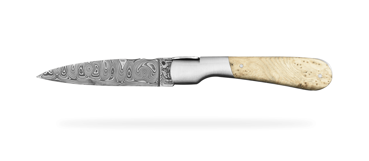 Corsican Pialincu knife Damascus range Ash burl