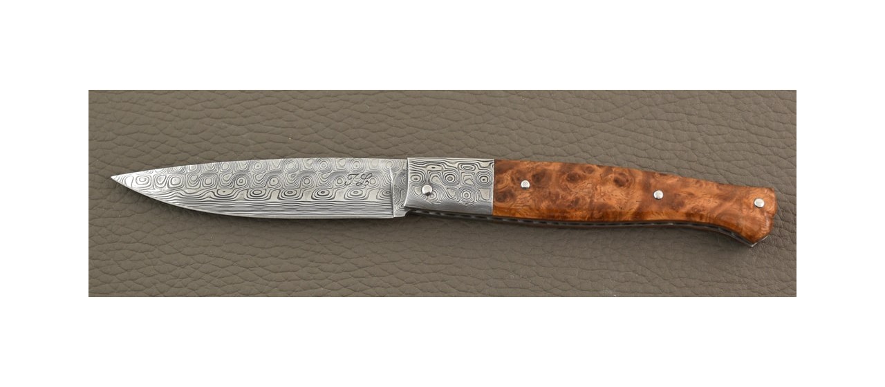 Sulcis Damascus blade and bolster, Amboyna burl knife by Jérôme Latreille