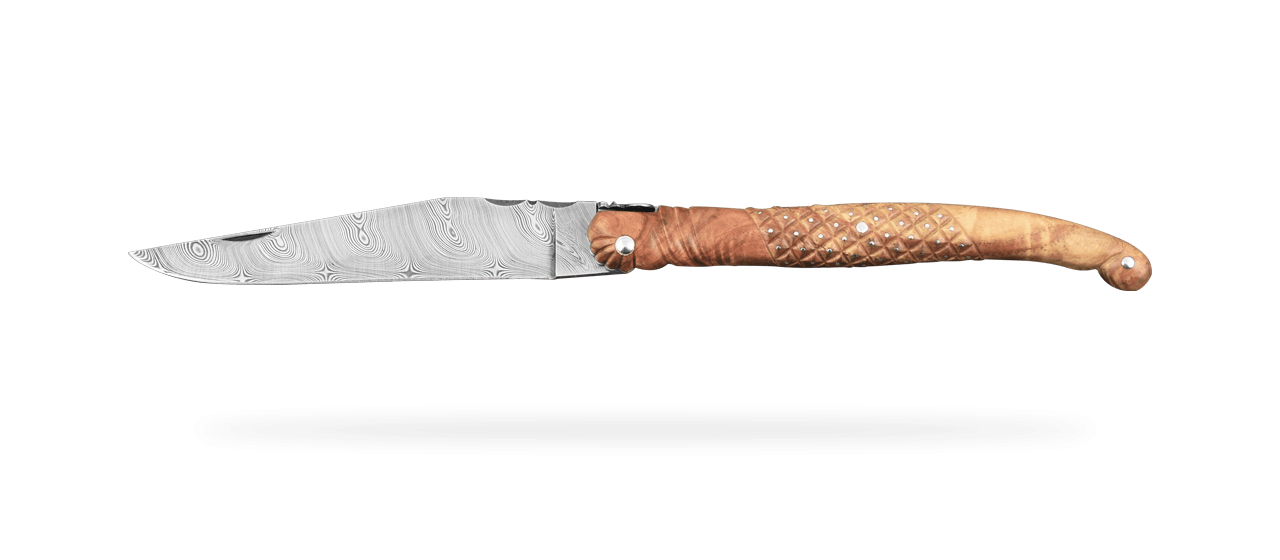 Laguiole 12 cm "Exception" range, Full handle Needles model, Amboyna burl, Delicate file work