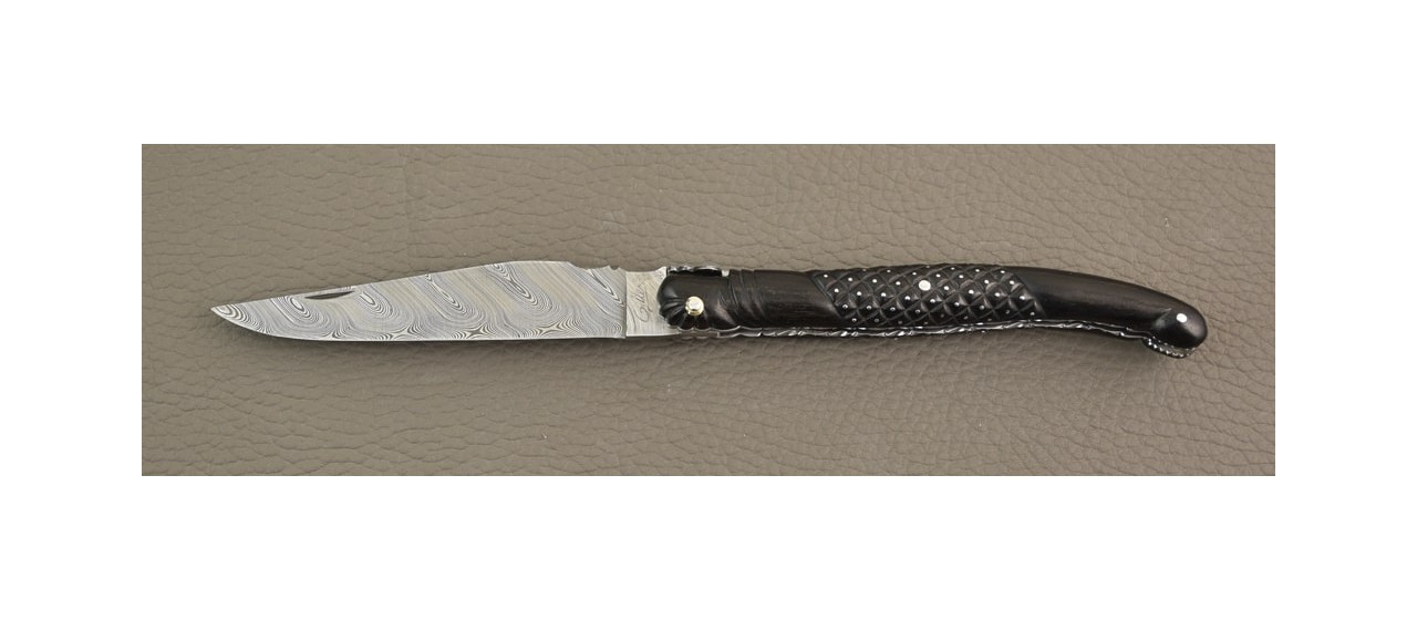 Laguiole delicate filewok damascus blade and ebony handle