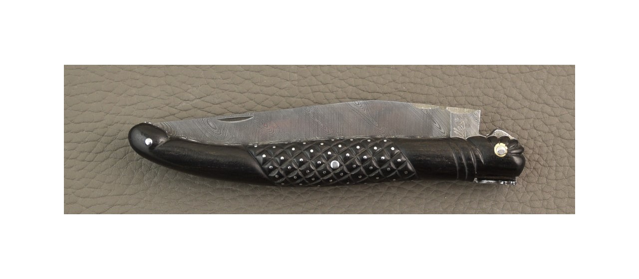 Laguiole delicate filewok damascus blade and ebony handle