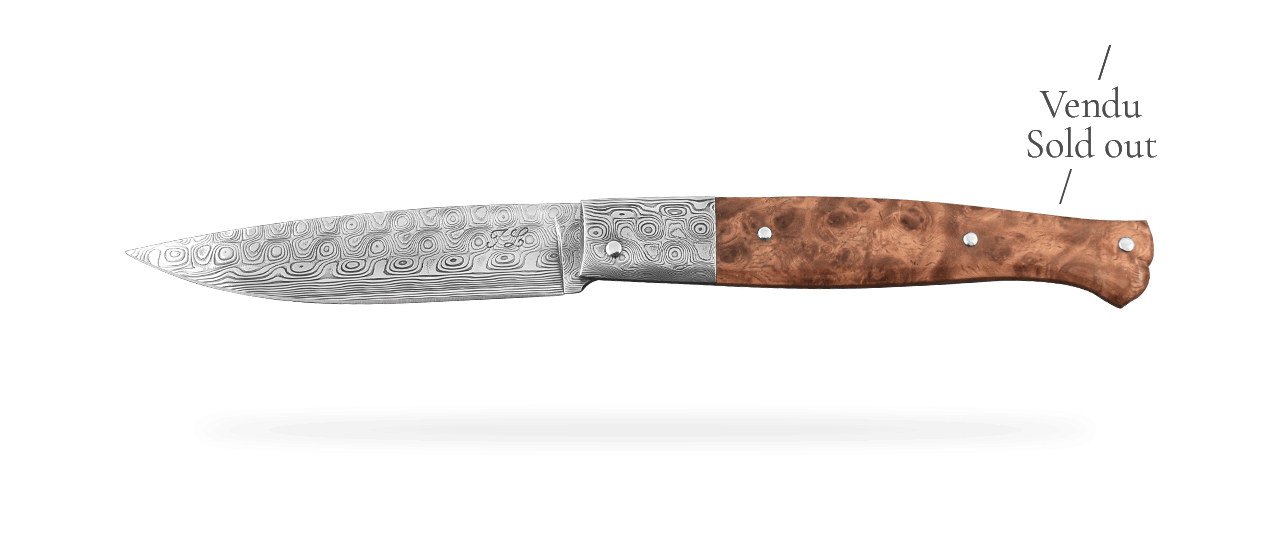 Sulcis Damascus blade and bolster, Amboyna burl knife by Jérôme Latreille
