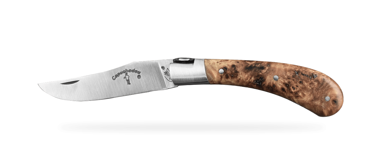 "Le Capuchadou®-Guilloché" 10 cm handmade knife, Stabilized poplar burl