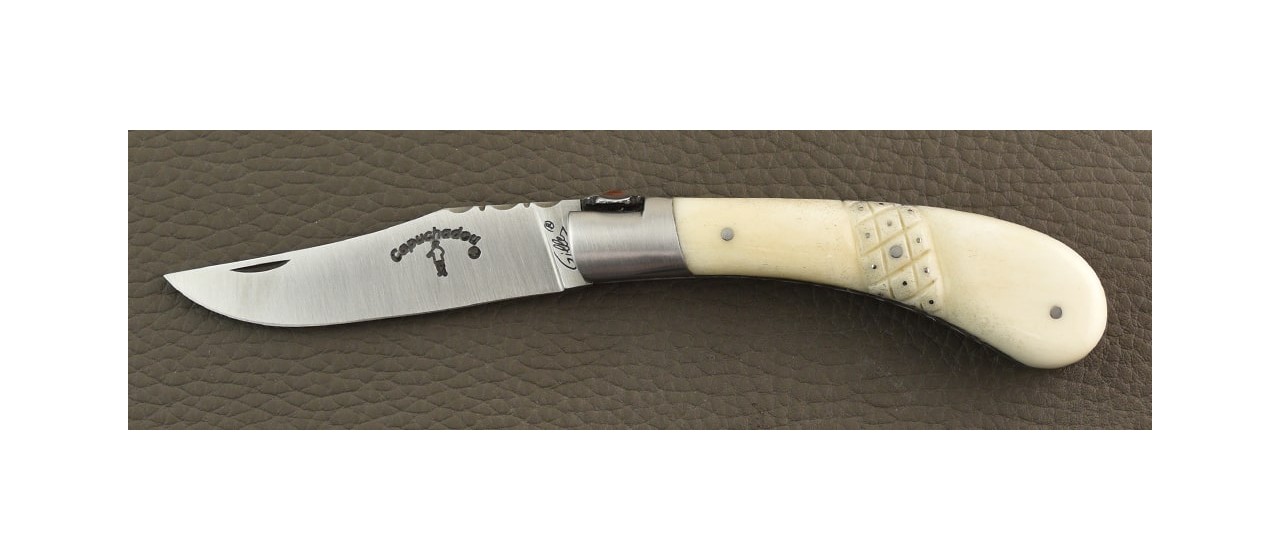 "Le Capuchadou®-Guilloché Aiguille" 10 cm hand made knife, real Bone