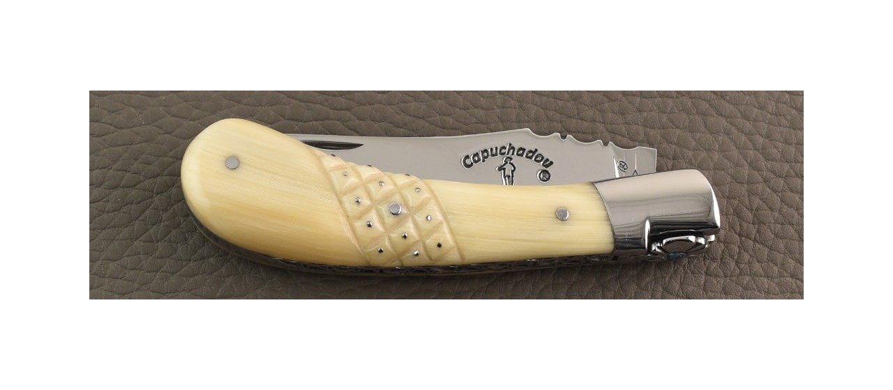 "Le Capuchadou®-Guilloché Aiguille" 10 cm hand made knife, Buffalo horn tip