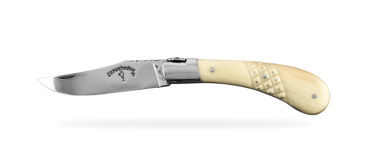"Le Capuchadou®-Guilloché Aiguille" 10 cm handmade knife, Buffalo horn tip
