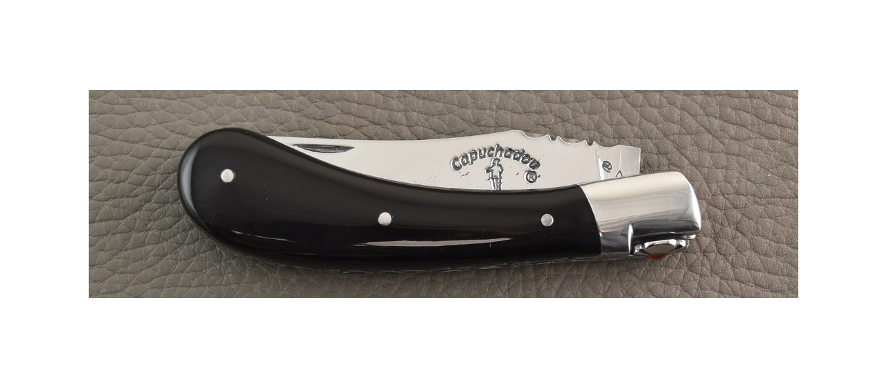 "Le Capuchadou®-Guilloché" 10 cm hand made knife, Black buffalo horn tip