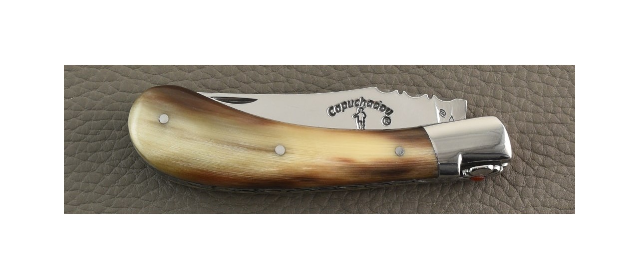 "Le Capuchadou®-Guilloché" 10 cm hand made knife, Buffalo horn tip