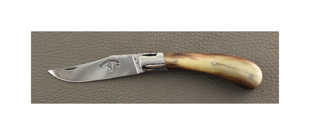 "Le Capuchadou®-Guilloché" 10 cm hand made knife, Buffalo horn tip