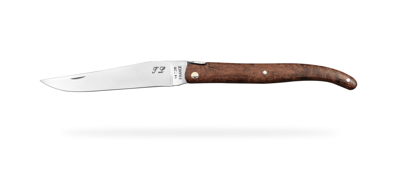 Laguiole 12cm full handle Amboyna burl knife by Jérôme Latreille