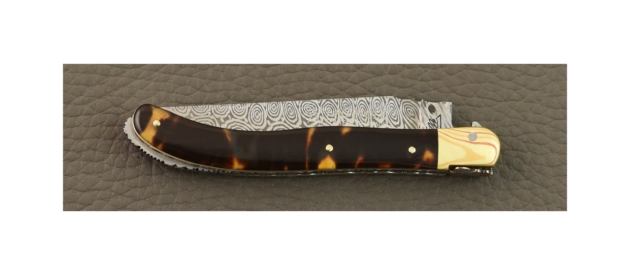 Laguiole XS Damascus Range Genuine tortoise shell Delicate file work and Mokume-Gane bolster