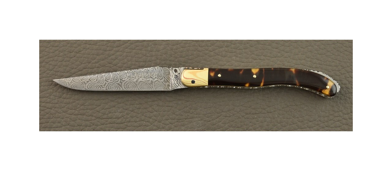 Laguiole XS Damascus Range Genuine tortoise shell Delicate file work and Mokume-Gane bolster