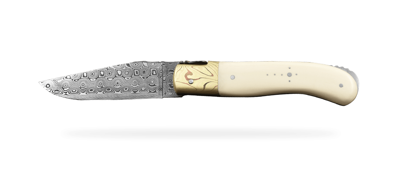 Laguiole Gentleman Damas Ivoire de mammouth blanc et mitre en Mokume-Gane