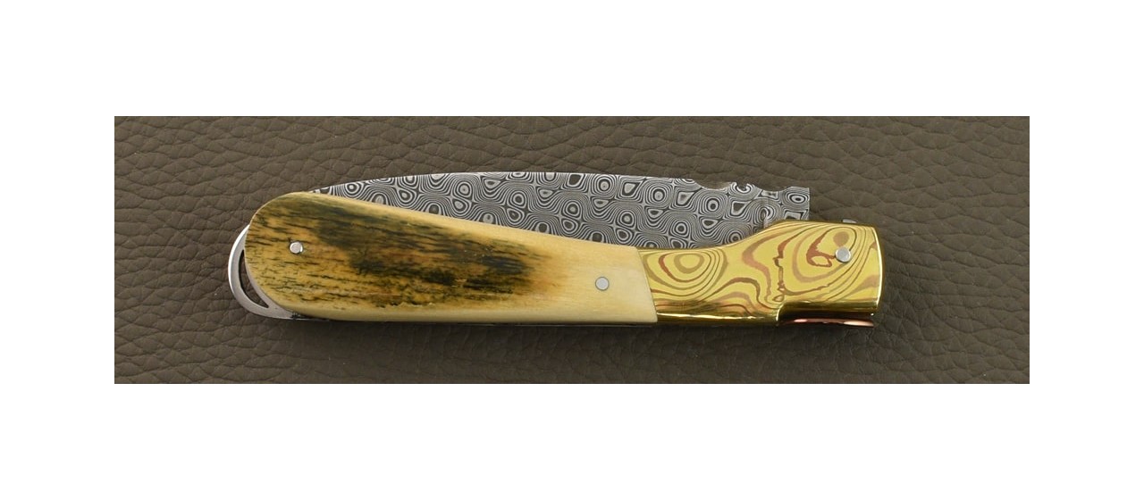 Corsican Sperone "Guilloché" Damascus Range Blue Mammoth ivory and Mokume-Gane bolster