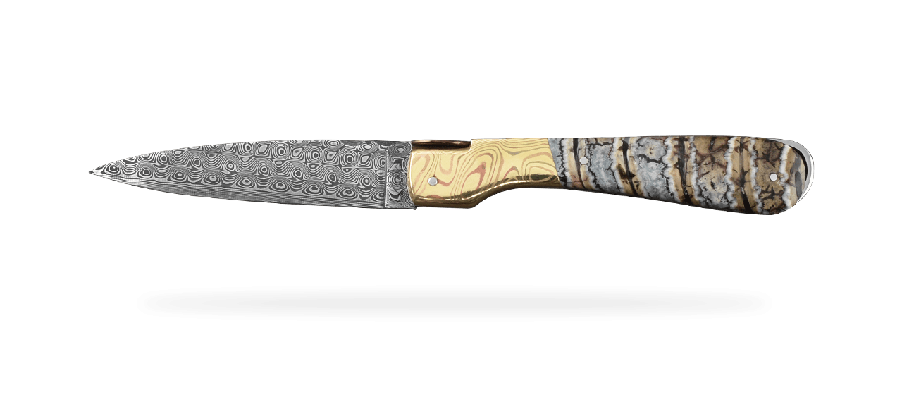 Corsican Sperone Damascus Range Blue Molar Tooth of Mammoth, Mokume-Gane bolster and delicate filework