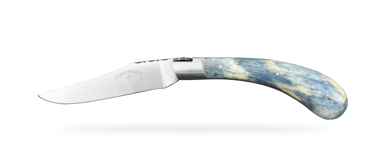 "Le Capuchadou®-Guilloché" 12 cm handmade knife, Blue bone
