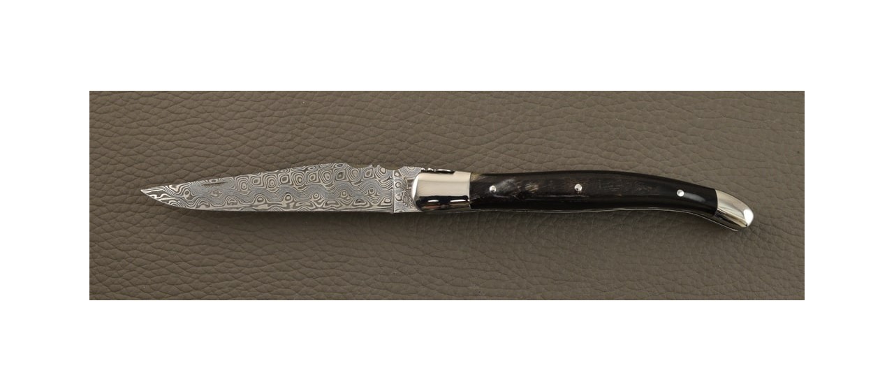 Laguiole Traditional 12 cm Guilloché Damascus Range Dark ram horn