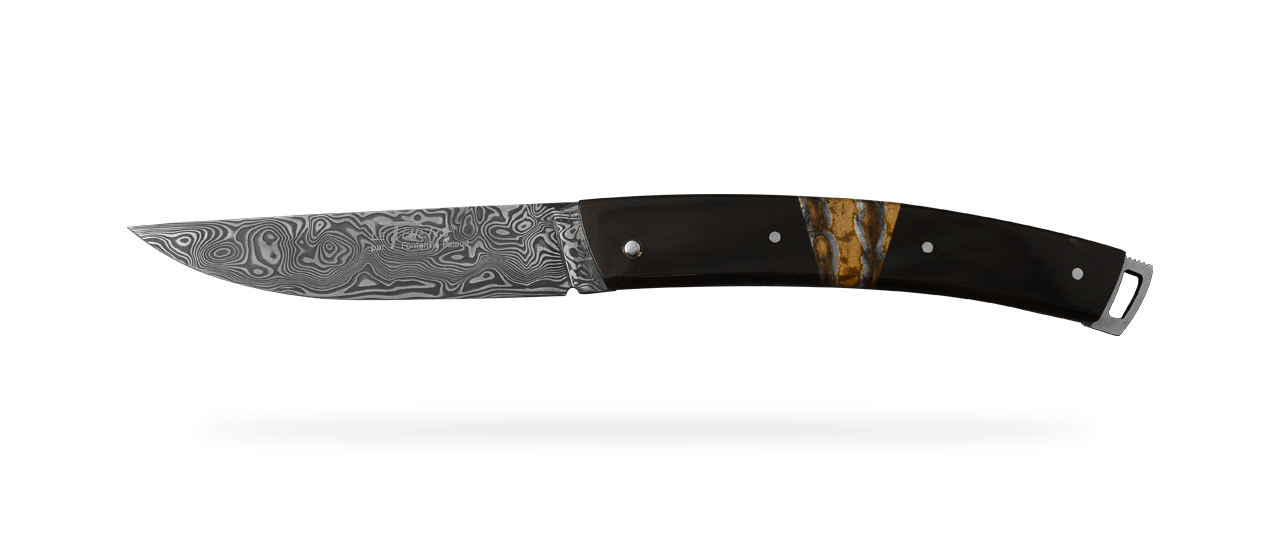 Le Thiers® Nature Damascus Buffalo horn & Brown Molar tooth of mammoth