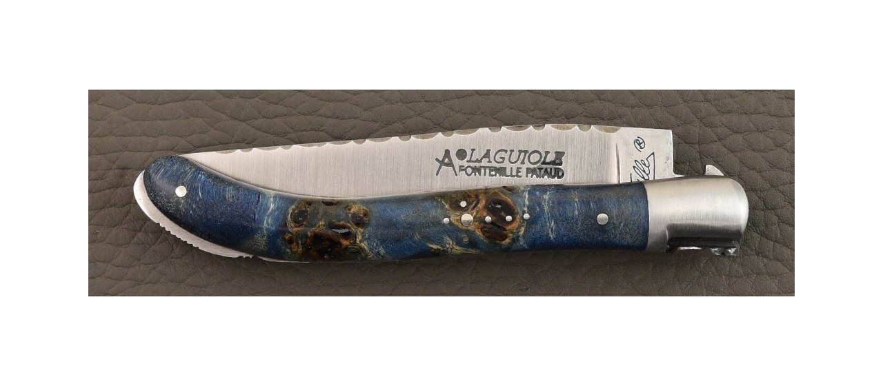 Laguiole XS Guilloché Loupe de peuplier stabilisée bleue