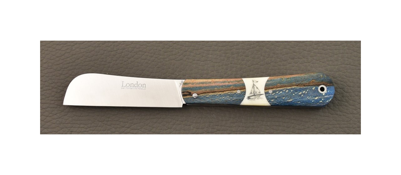 London 9 cm Hêtre teinté bleu et Scrimshaw Voilier