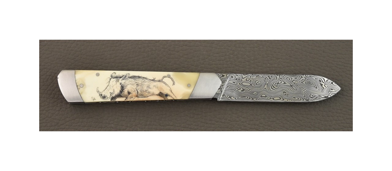 Le Pradel Scrimshaw Warthog and Damascus blade