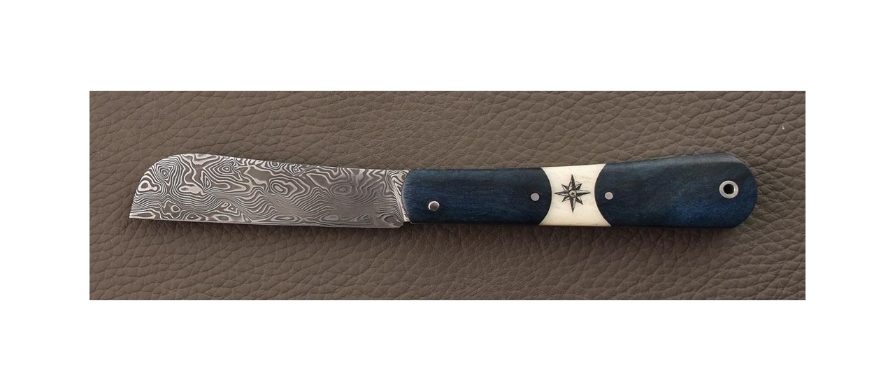 Couteau London 9 cm Damas Loupe de peuplier bleue et Scrimshaw Rose des Vents