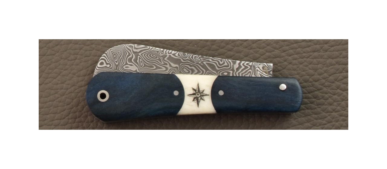 Couteau London 9 cm Damas Loupe de peuplier bleue et Scrimshaw Rose des Vents