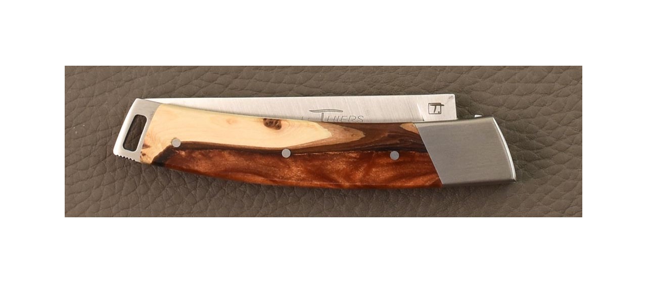 Le Thiers pocket knife expoxy resin and juniper burl