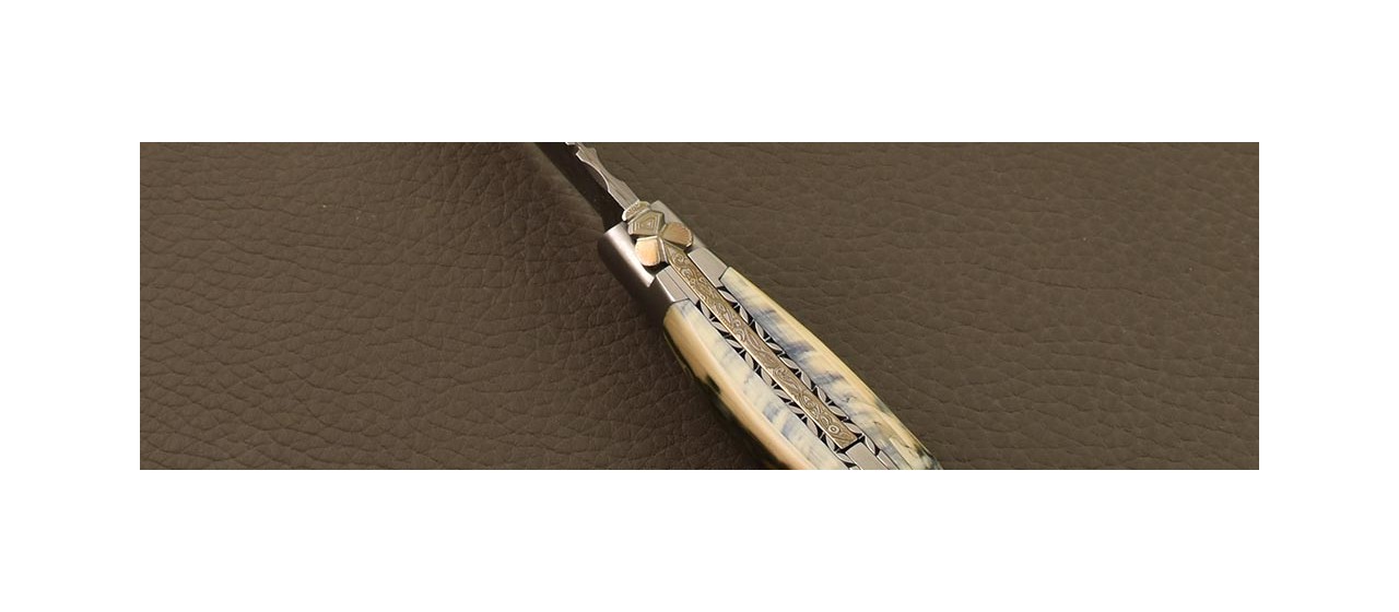 Laguiole Traditional 12 cm Damascus Blue mammoth ivory & engraving