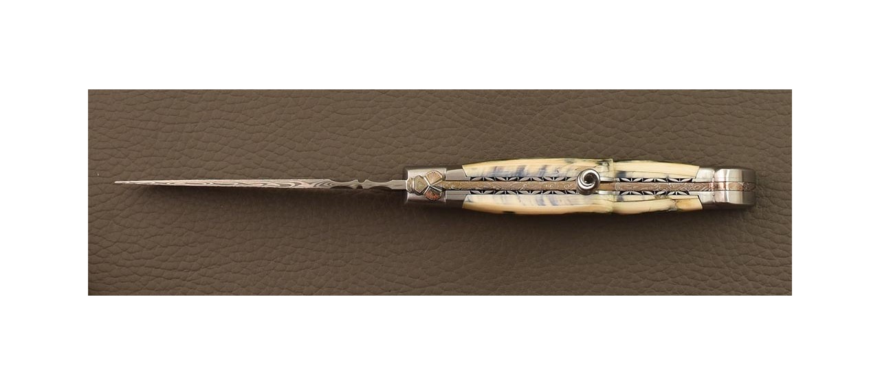 Couteau Laguiole avec tire-bouchon mammouth bleu, lame damas et gravure