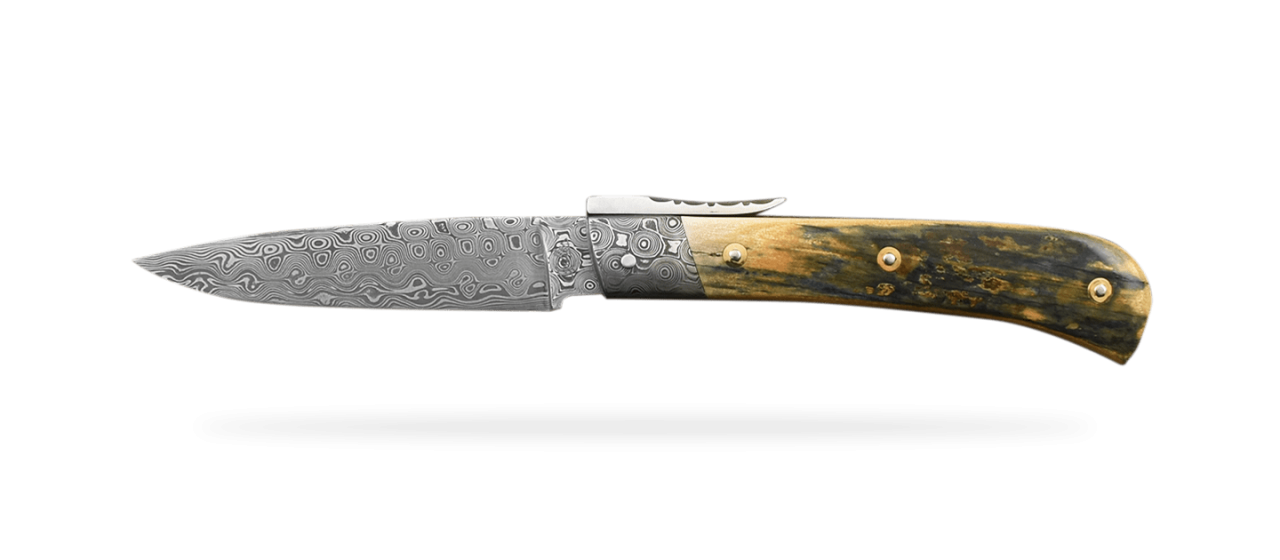 L Anto folding knife, blue mammoth ivory and damascus.