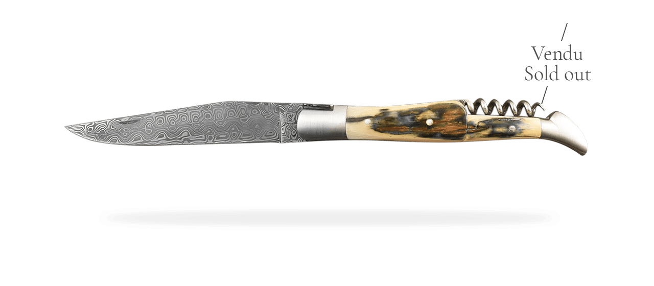 Couteau Laguiole avec tire-bouchon mammouth bleu, lame damas et gravure