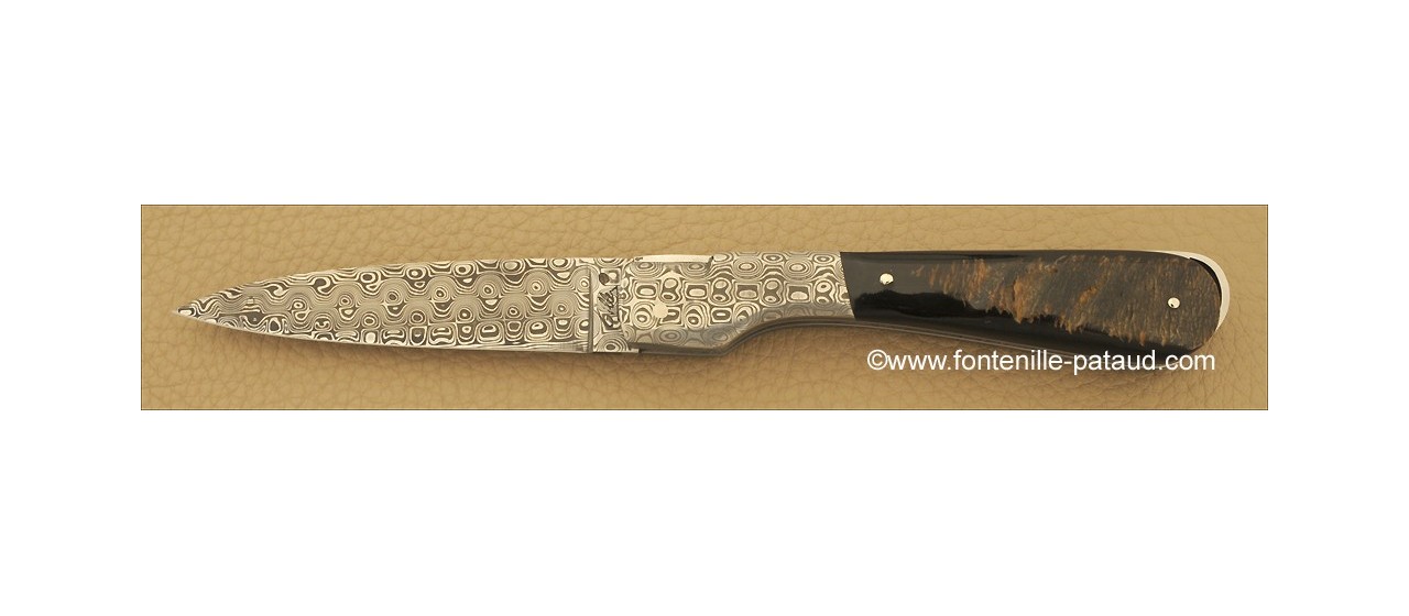 Corsican Sperone knife Damascus blade and bolsters Range Buffalo bark