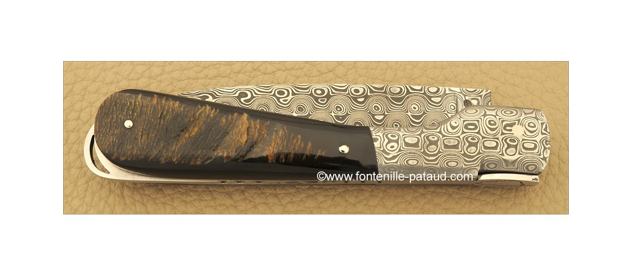 Corsican Sperone knife Damascus blade and bolsters Range Buffalo bark