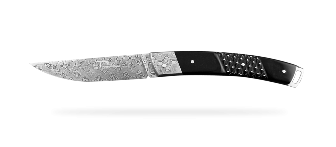 Folding knife Le Thiers® Nature "Guilloché" Damascus "Needles" Buffalo black horn tip