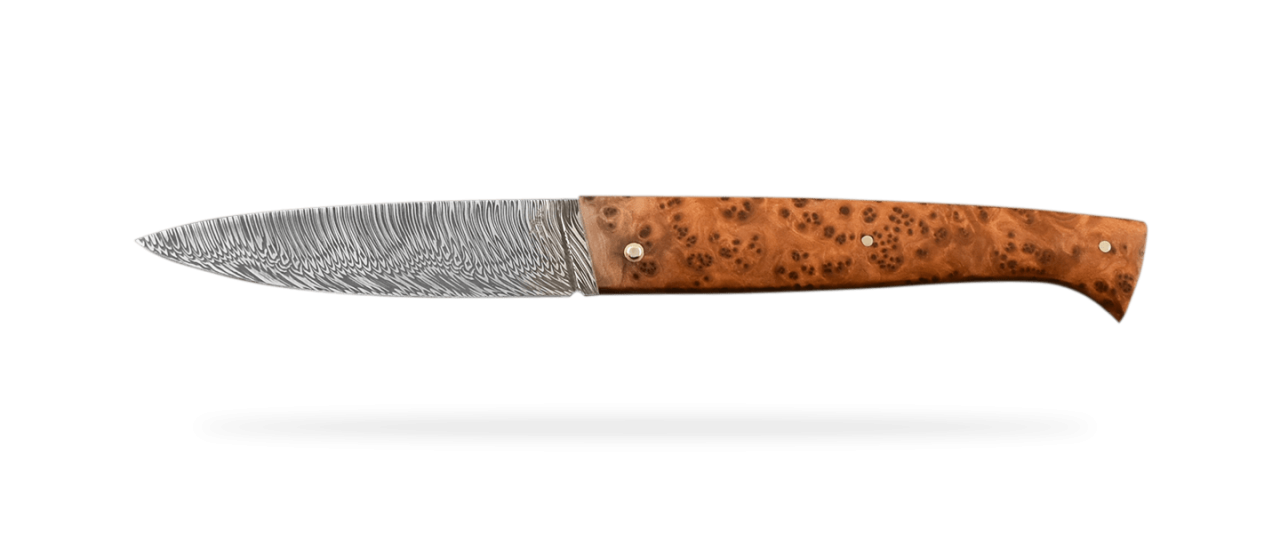 Lombard pen knife Damascus blade and Thuya burl