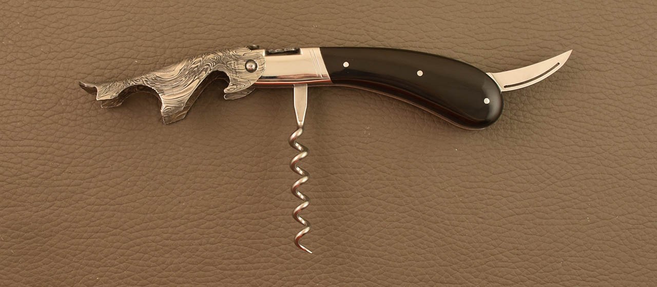 Damascus Laguiole corkscrew handmade in France buffalo horn tip