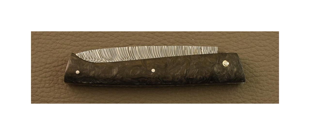 Lombard folding knife "Guilloché" Damascus Fat Carbon Dark Matter