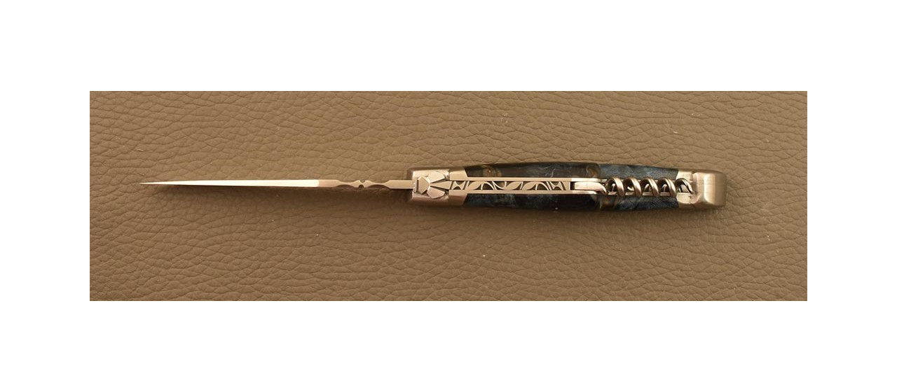 Couteau Laguiole Traditionnel 12 cm Classique avec Tire-Bouchon Loupe de peuplier bleue
