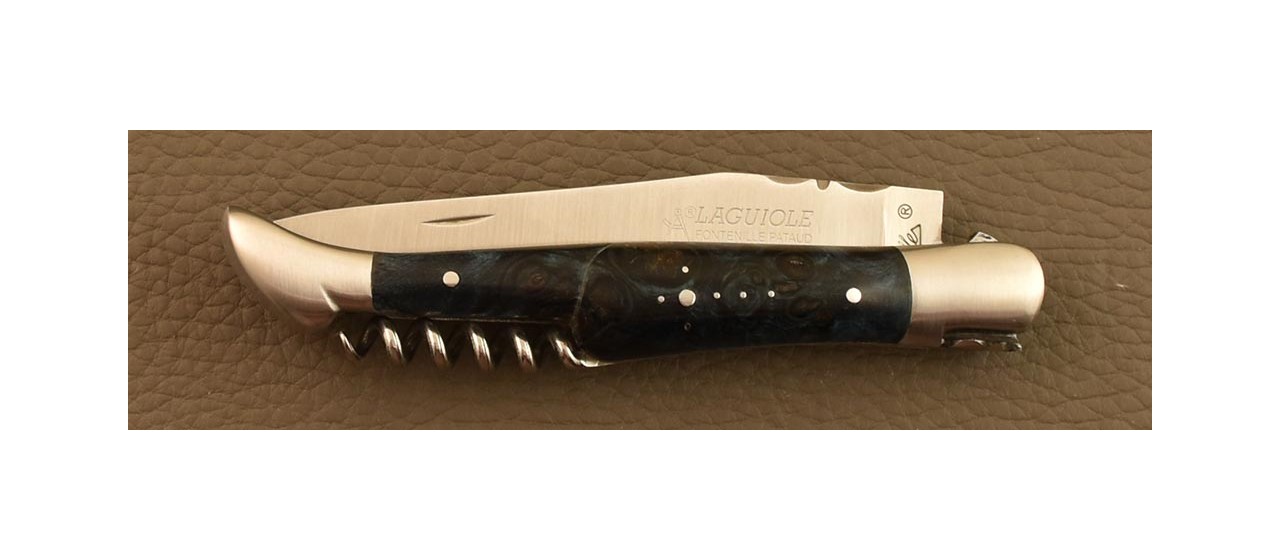 Couteau Laguiole Traditionnel 12 cm Classique avec Tire-Bouchon Loupe de peuplier bleue