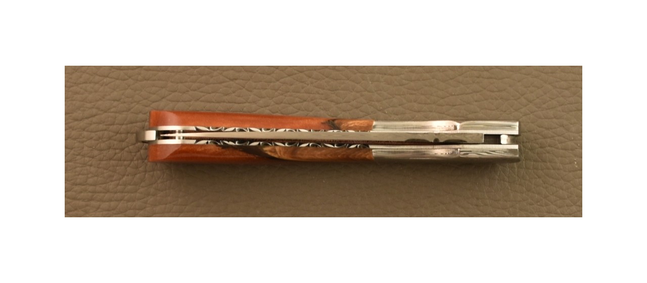 Corsican Sperone knife Damascus Range Hybrid Juniper burl, Delicate file work