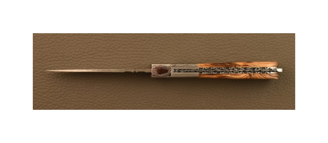 Corsican Sperone knife Damascus Range Hybrid Juniper burl, Delicate file work