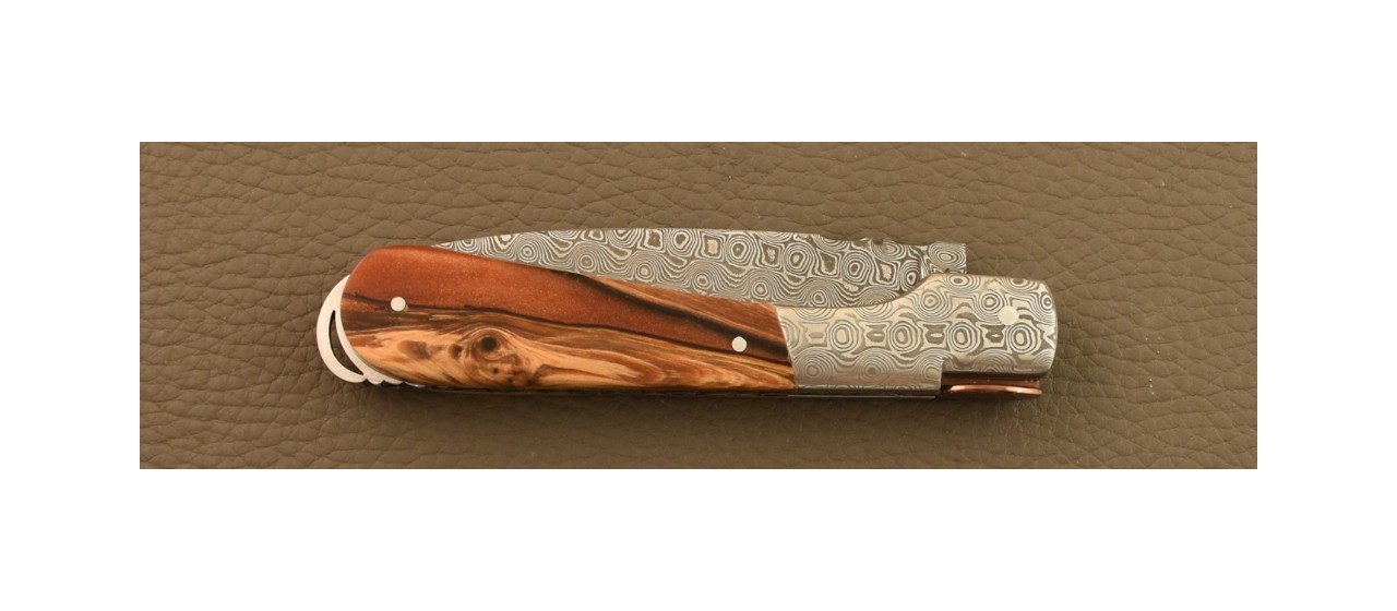 Corsican Sperone knife Damascus Range Hybrid Juniper burl, Delicate file work