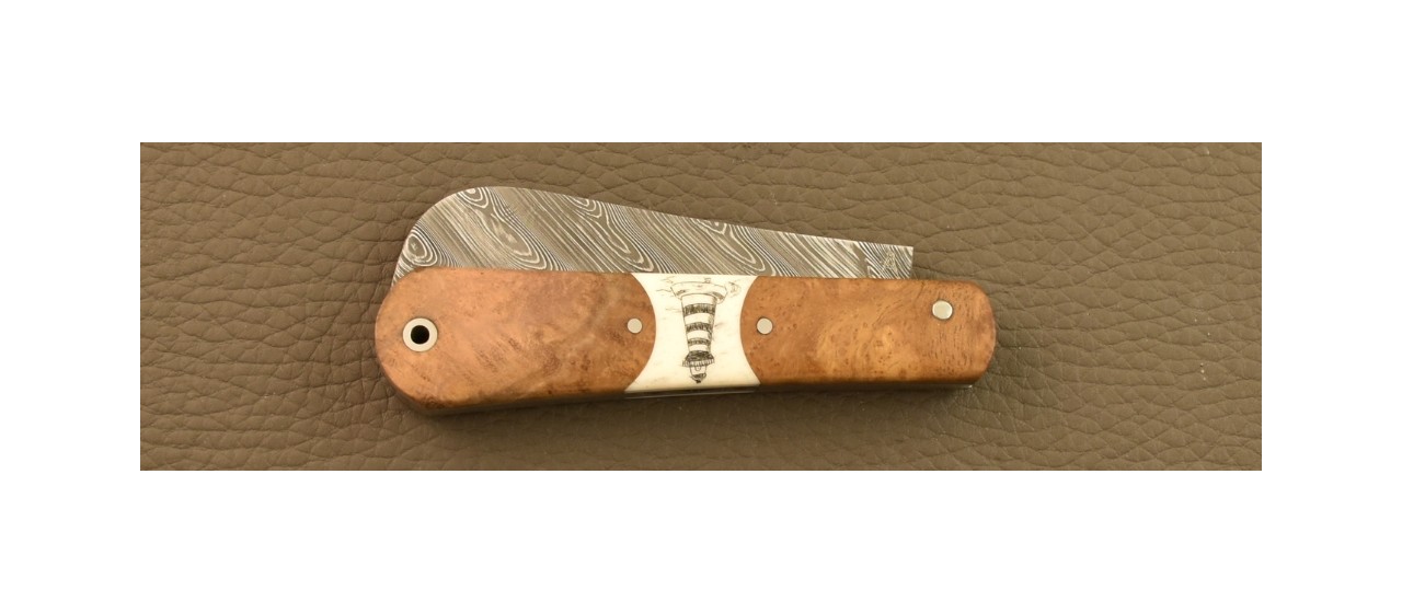 London 9 cm Knife Damascus Teak burl and Lighthouse