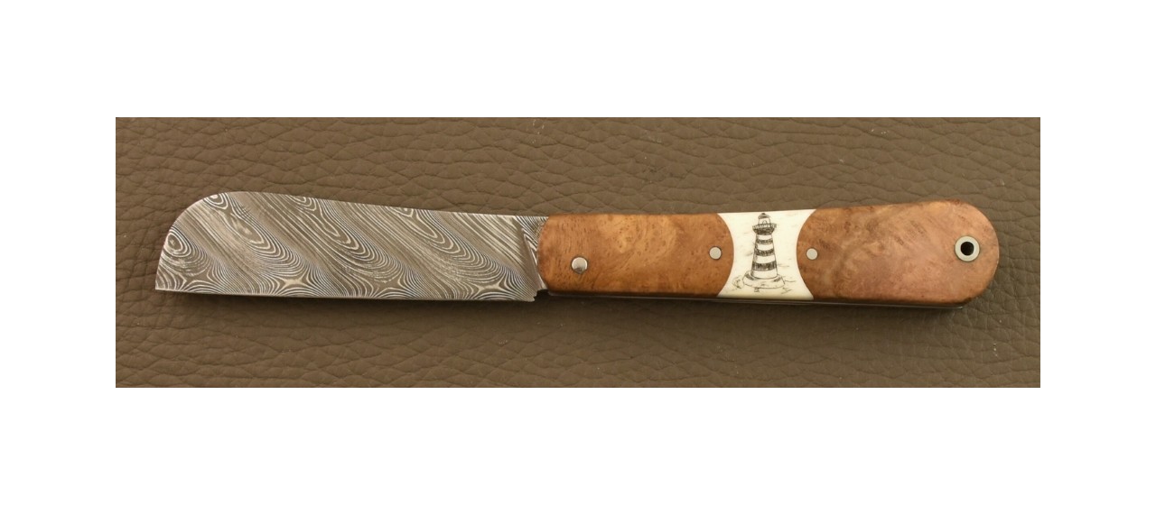London 9 cm Knife Damascus Teak burl and Lighthouse