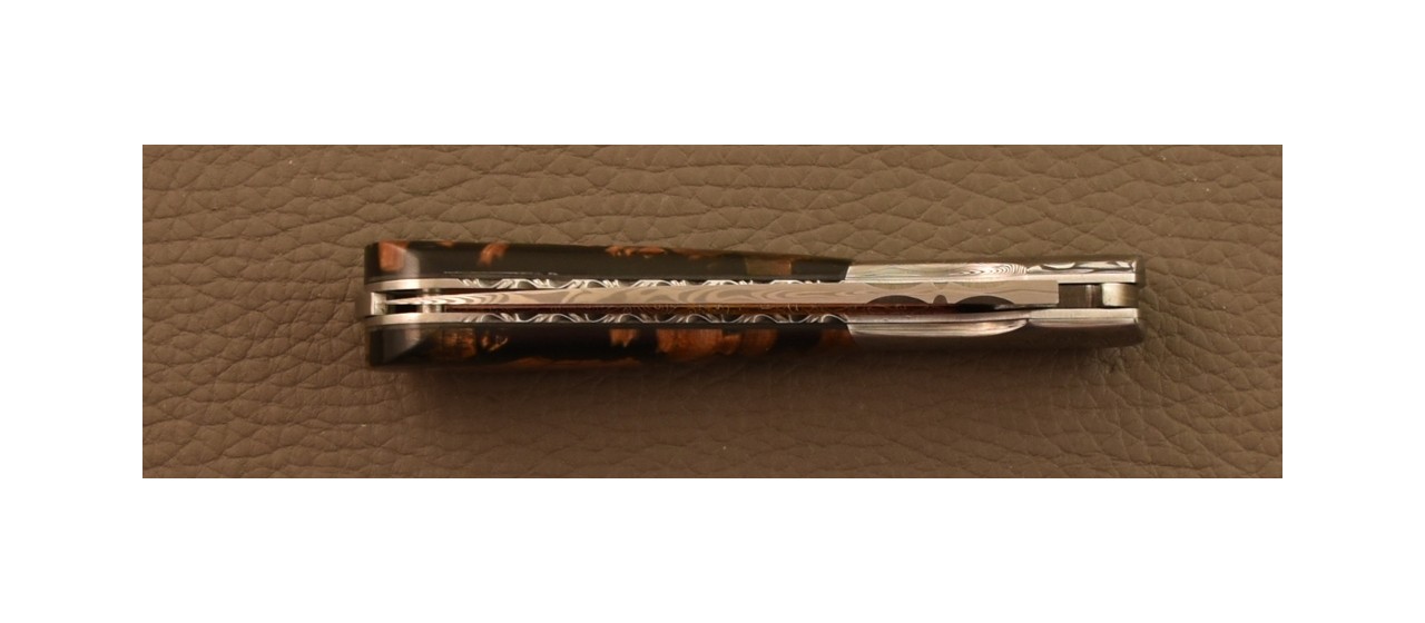 Corsican Pialincu Knife Damascus range Brown Mammoth slice, Delicate file work