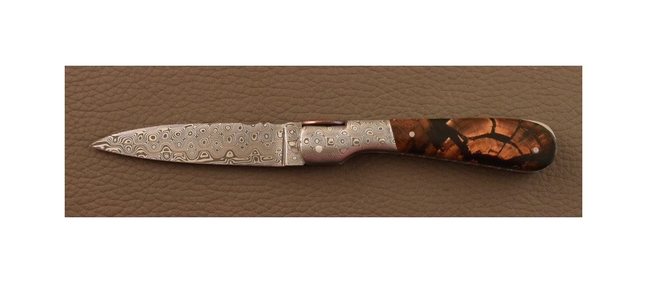 Corsican Pialincu Knife Damascus range Brown Mammoth slice, Delicate file work