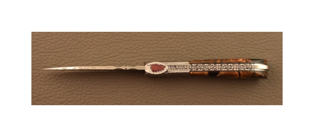 Corsican Pialincu Knife Damascus range Brown Mammoth slice, Delicate file work